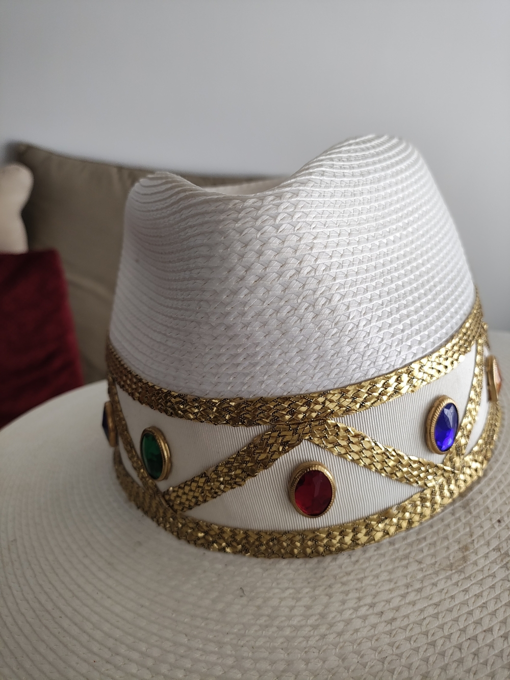 Embellished White Fedora Hat with Gold Trim
